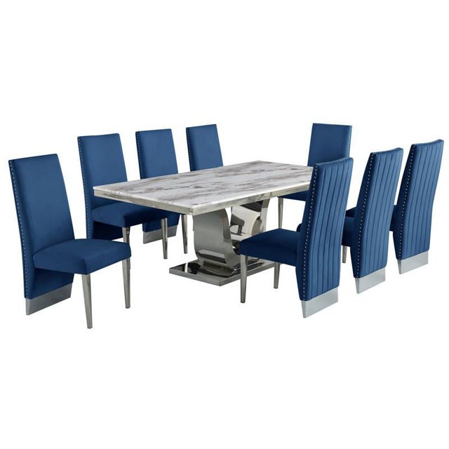 Ensemble de Salle à Manger de 9 Pièces en Acier Inoxydable Argenté avec Table en Marbre et Chaises Marines