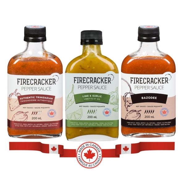 Firecracker Pepper Sauce The Trinity Trio - 3 Pack Set - Includes Authentic Trinidadian 200ml, Lime & Garlic 200ml, Bazodee 200ml