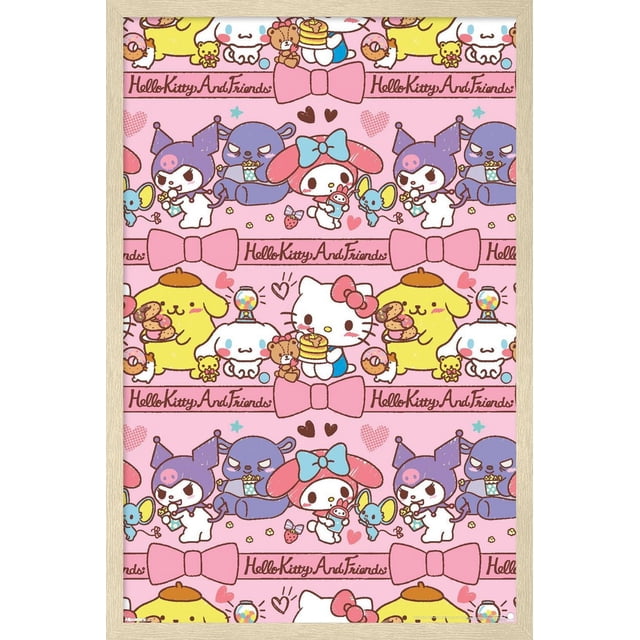 Hello Kitty and Friends: 25 Snack Time - Collage Wall Poster, 14.725" x 22.375" framed, featuring a repeating pink pattern with Hello Kitty and friends characters holding snacks like pancakes, donuts, and popcorn, accented with bows and hearts. This lightweight framed wall art is easy to hang and suitable for bedrooms, kids' rooms, or dorm décor.