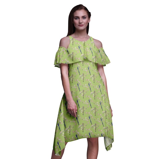 Bimba Green Bird Printed Womens Cold Shoulder Tunic Party Round Neck Shift Dress - XX-Large