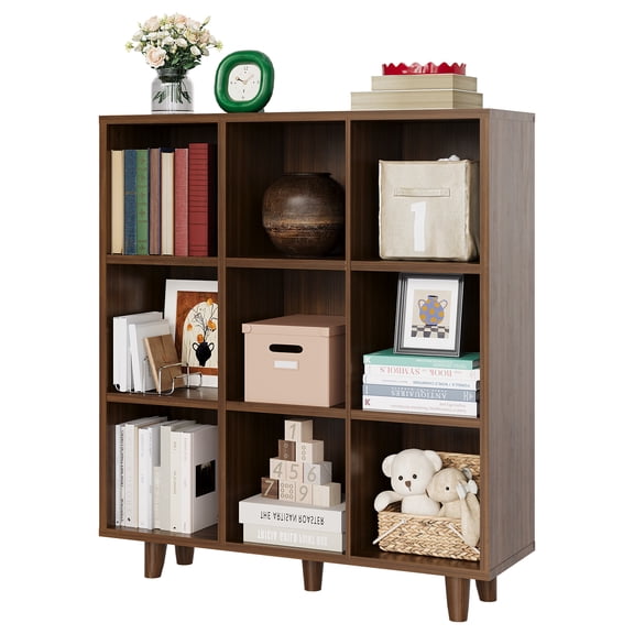 Modern 9-Tier Wooden Bookshelf – Cube Storage Organizer with Anti-Tipping Legs – Rustic Brown Open Display Bookcase – Tall Shelf Divider for Home Office, Living Room, Bedroom – Redwood