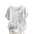 thumbnail image 1 of Pisexur Hauts pour Femmes Décontractés en Lin Col Rond Grande Taille Imprimé Manches Courtes T-shirt Blouse, Hauts d'Été pour Femmes Blanc, 3TG, 1 of 4
