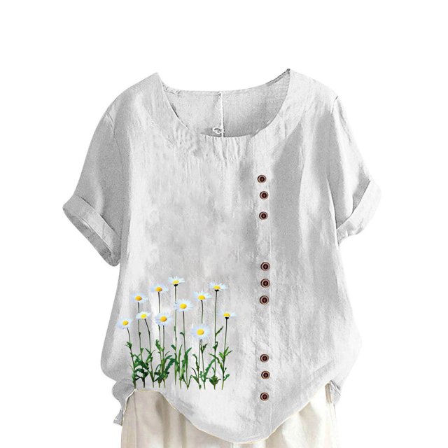 Pisexur Hauts pour Femmes Décontractés en Lin Col Rond Grande Taille Imprimé Manches Courtes T-shirt Blouse, Hauts d'Été pour Femmes Blanc, 3TG