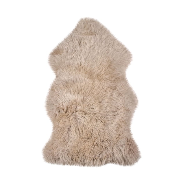 NEW ZEALAND SHEEPSKIN SINGLE RUG/THROW 2' X 3' in natural beige with a thick 2.5-inch plush pile and soft texture, featuring an irregular shape and micro suede anti-skid backing, suitable for adding warmth and comfort to indoor spaces like bedrooms or offices.