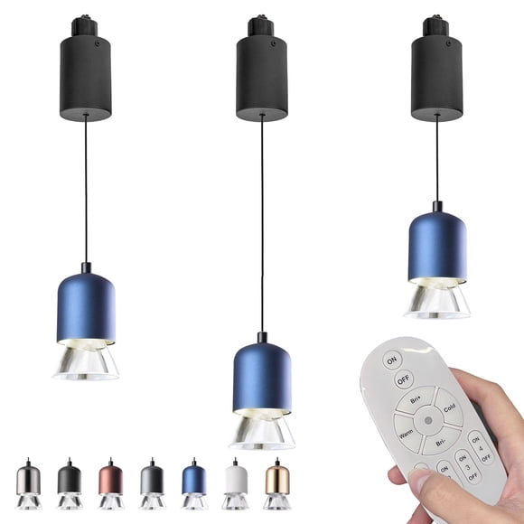 FSLiving Remote Control with Stepless Dimming Color Changing Adjustable Length Track Light Pendnats H-Type Retractable Lift with Mini Modern Aluminum Shade Indoor Island Light,Blue - 3 Pack