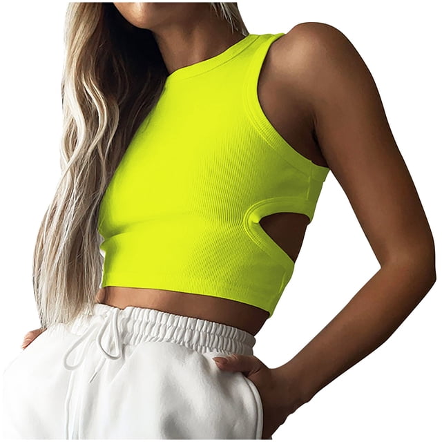 Chbgutlmr Crop Tops for Women Crewneck Ribbed Sleeveless Solid Color Cutout Going out Tops Summer Fashion