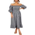 thumbnail image 3 of Women‘s Boho Flowy Dress Puff Sleeve Off The Shoulder Plaid Ruffle Midi Dress Wedding Guest Dresses, 3 of 6
