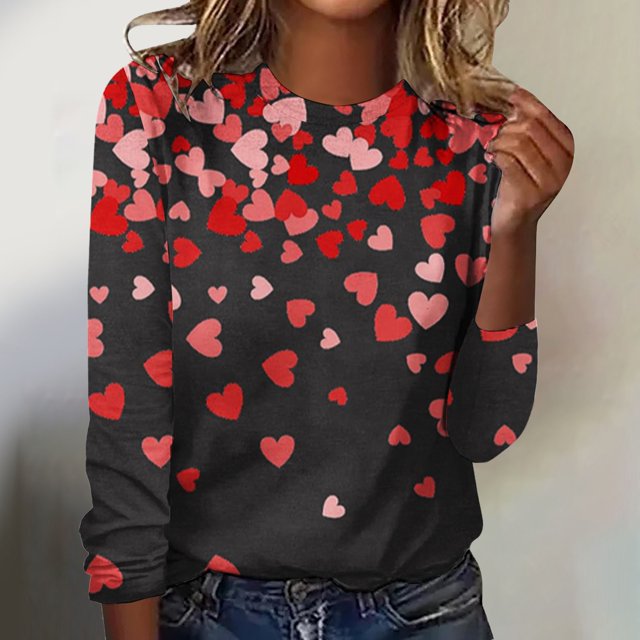 T-shirts de Saint-Valentin pour Femmes, Chandail en Molleton à Col Rond avec Cœur d'Amour, Chandail Mignon Gnome, Hauts, Tenues, Vêtements, Mode pour Dames, Col Rond, Manches Longues, T-Shirt Imprimé Saint-Valentin