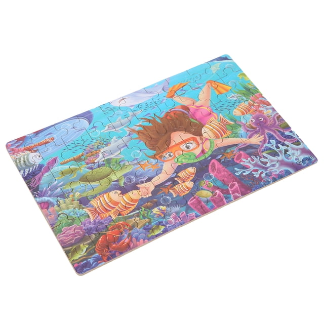 Cergrey Jigsaw Puzzles Gift, a 60-piece children’s puzzle with an underwater cartoon theme featuring vibrant multicolour illustrations. Designed for kids aged 36 months and older, it promotes hand-eye coordination and logical thinking. Made of fibreboard and paper, the puzzle measures approximately 22 x 13cm when completed and includes an iron storage box and finished product paper for easy organization.
