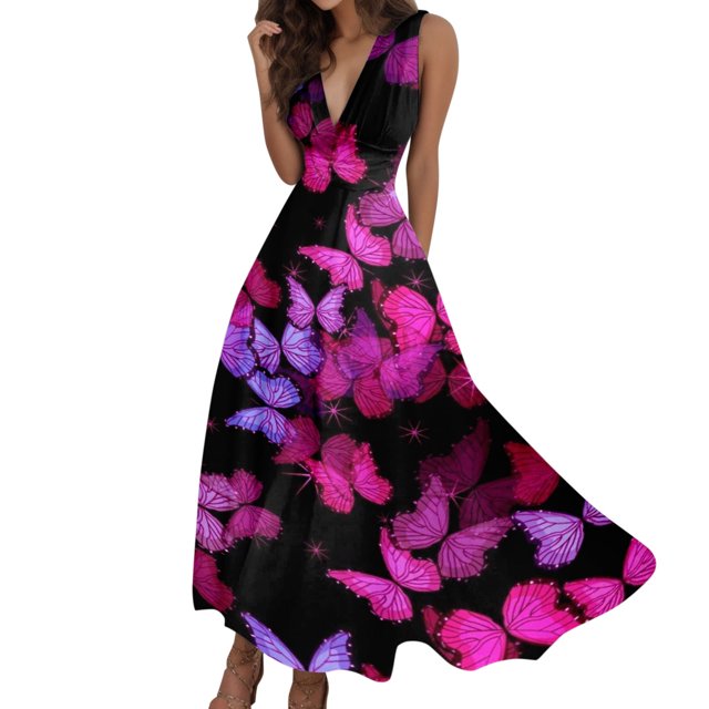 TJAZFJPA Robes Boho pour Femmes Femmes Été Aguichant Col en V Profond Formel Sans Manches Longue Robe Dégradé Fermeture Éclair Robes Évasées Robes Smockées pour Femmes Robe de Cocktail