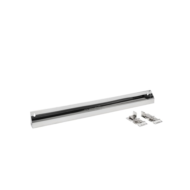 Rev-A-Shelf 6541-31-52 31-inch Slim Tip-Out Tray Organizer Kitchen Cabinet. A sleek stainless-steel tray with a slim design, ideal for maximizing storage in sink base cabinets. Includes mounting hardware and hinges for easy installation. Durable and resistant to cracking, bending, and warping, this tray is suitable for storing sponges, cleaning supplies, or small essentials. Dimensions: 31.0 inches wide, 1.77 inches deep, and 3.8 inches high. Shown with included hardware components.