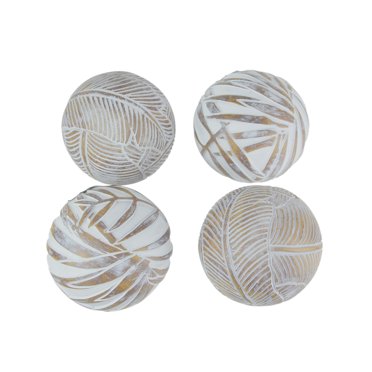 Ensemble de 4 Boules Décoratives Effet Bois à Feuilles Tropicales Blanchies