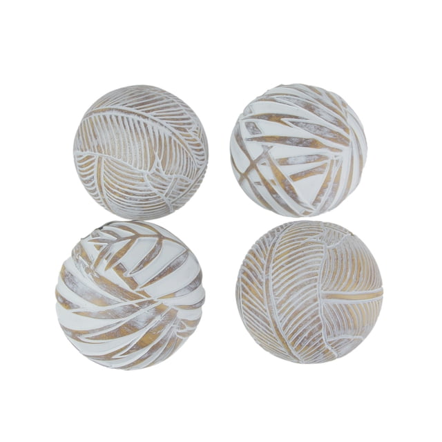 Whitewashed Tropical Leaf Wood Look Decor Balls Set of 4 by Mayrich. This set includes four polyresin balls with a natural weather-worn whitewashed finish and intricate tropical leaf designs. Each ball measures approximately 4 inches in diameter, ideal for decorative accents like centerpiece arrangements or tabletop displays.