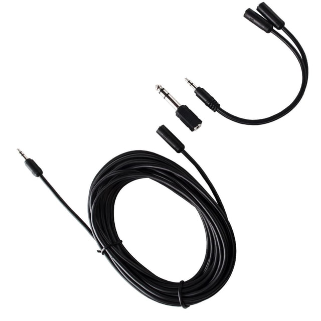 onn. 18 FT. 3.5 mm AUX Extension Audio Adapter Kit with a coiled black 18-foot 3.5 mm AUX extension cable, 1/4 inch to 3.5 mm adapter plug, and dual 3.5 mm AUX splitter cable, suitable for extending and adapting wired audio connections in home audio systems.