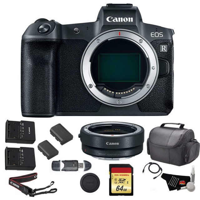 Canon EOS R Mirrorless Digital Camera (Body Only) Bundle w/ Mount Adapter + 64GB Memory Card + Replacement Battery & more