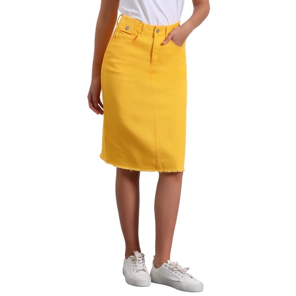 INSPIRE CHIC Women's Denim Skirt High Waist Raw Hem Knee Length Wrap Jean Skirts Ginger Yellow XL