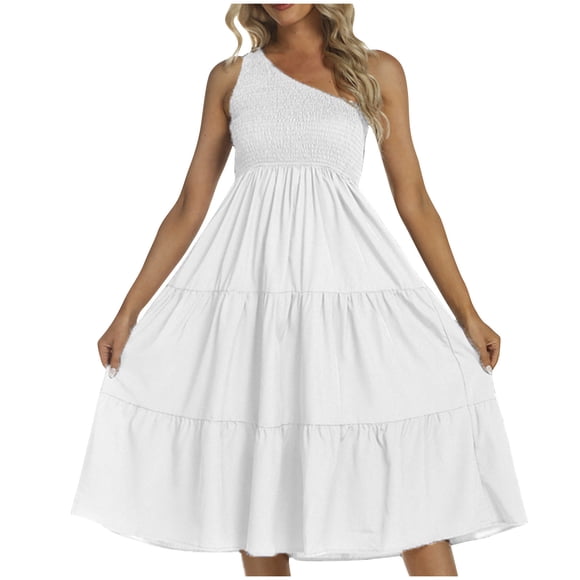 LOVZFMLL Dresses Women Ladies Summer Fresh And Sweet-neck Solid Color Dress