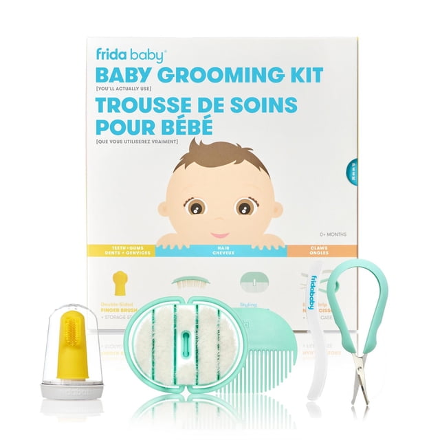 Frida Baby - Baby Grooming Kit with yellow double-sided finger brush and storage stand, mint green soft-bristled hair brush and styling comb, ergonomic easy grip nail scissors with nail file and case, displayed with bilingual baby care packaging.