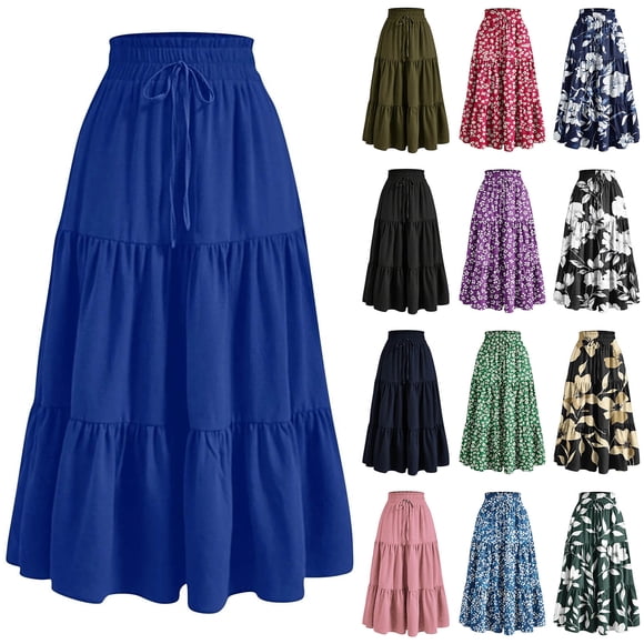 Summer Savings! Horkkom Floral Skirt for Women Summer Casual High Waist Tiered Maxi Skirts Trendy A Line Long Skirts 2XL
