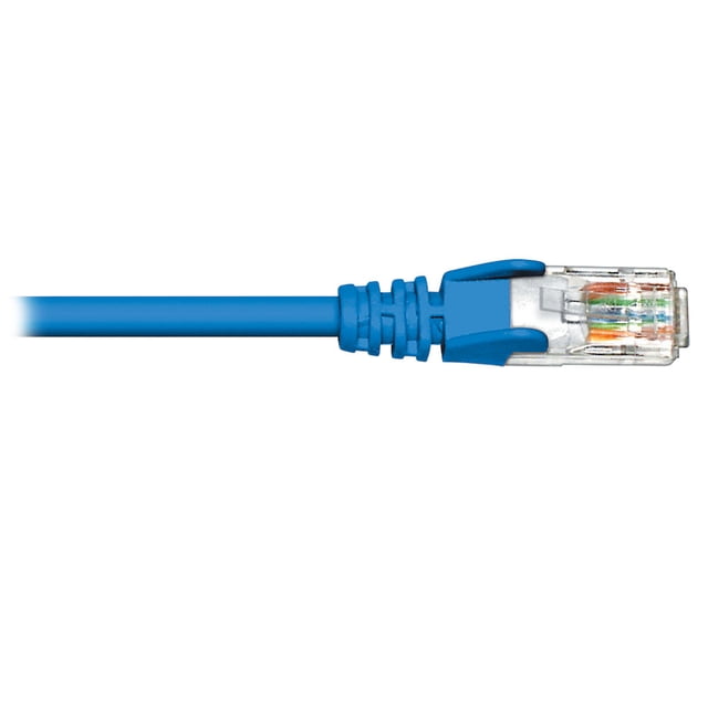 BlueDiamond Ethernet Cat6 Patch Cable CSA & UL approved - 100ft, Blue, close-up of the blue Cat6 cable with RJ45 connector showing visible twisted pair wires inside a transparent plug and a snagless molded boot, suitable for stable high-speed network connections in home or office environments.
