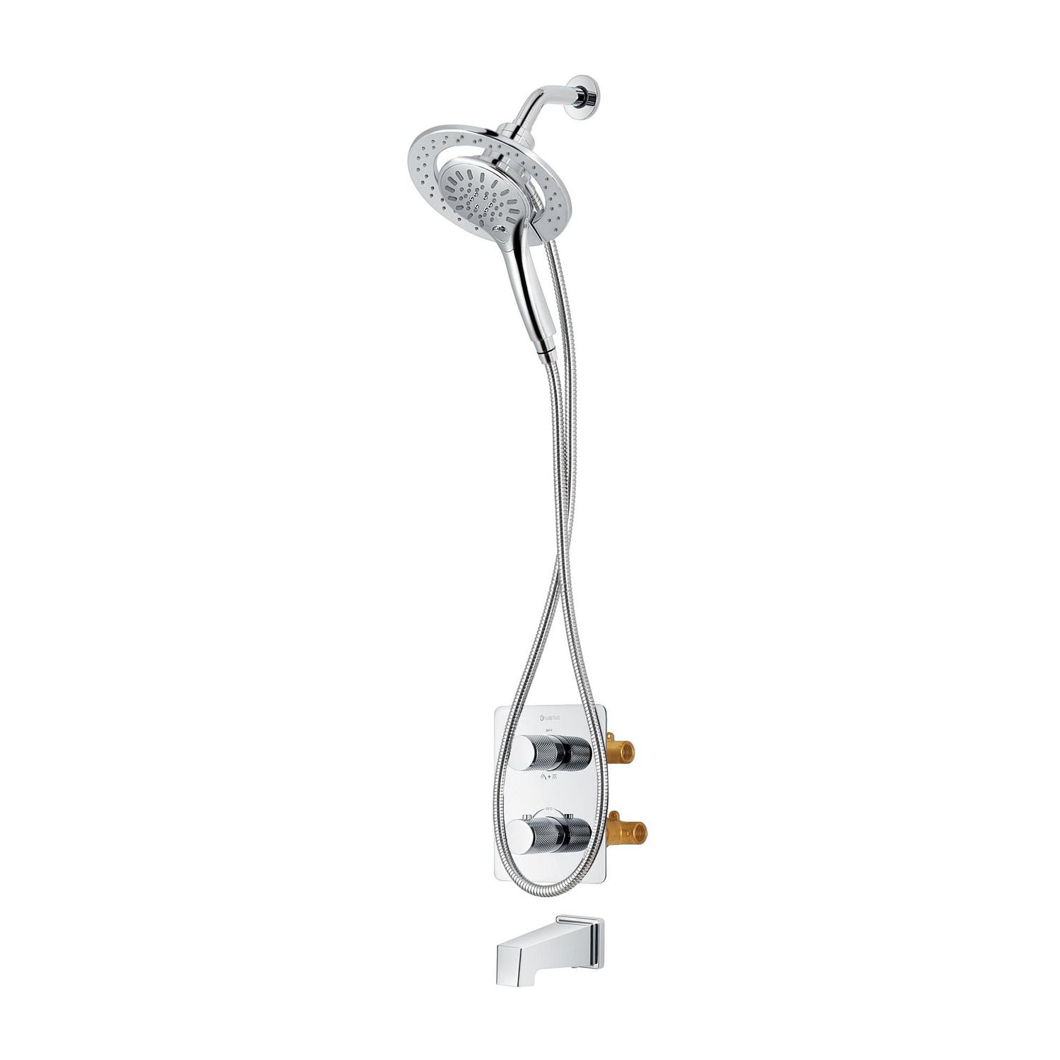 Square 3-functions thermostatic valve, Magnetic handheld shower, bath spout or simultaneously, chrome finish