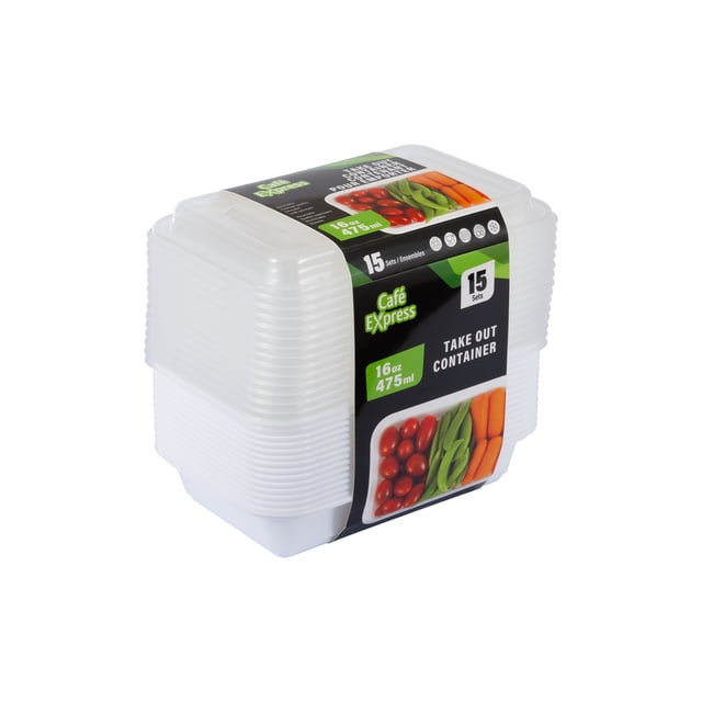 Café Express Contenants Rectangulaires pour Aliments à Emporter avec Couvercles, 475 ml, 15 Ensembles Empilés avec Couvercles Transparents en Polypropylène et bases Blanches, Idéals pour l'Entreposage Alimentaire commercial et la Préparation de Repas, Compatibles Micro-Ondes et Congélateur, avec une Étiquette Noire et Verte avec des Légumes Frais et des Détails sur les Produits.