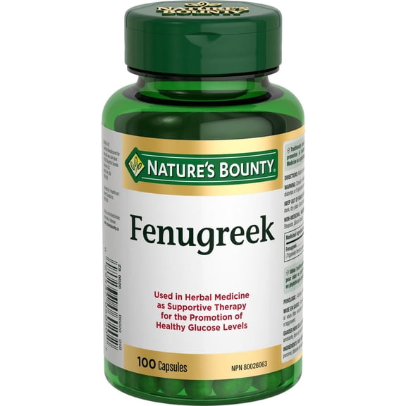 NATURE'S BOUNTY Fenugrec, 610 mg, Utilisé en Phytothérapie comme Thérapie de Soutien pour Favoriser des Taux de glucose Sains et Aide à Favoriser la Production de Lait, 100 Capsules