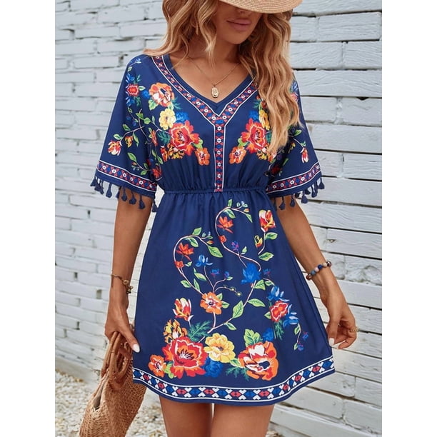 denim short dress I Love Country Mini - Medium Wash, Large | Hazel and Olive Lulus | Orange Multi edit: Partywear1 Strap:Brown Alligator Grain Strap Flare Jewel Neck Sleeveless