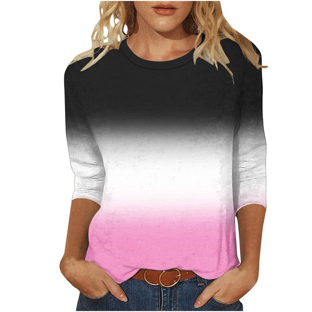 VSSSJ Hauts à Manches 3/4 pour Femmes Décontractés Tendance à Imprimé Dégradé Manches Raglan Col Ras du Cou Coupe Décontractée Tunique T-Shirt Respirant Noir m