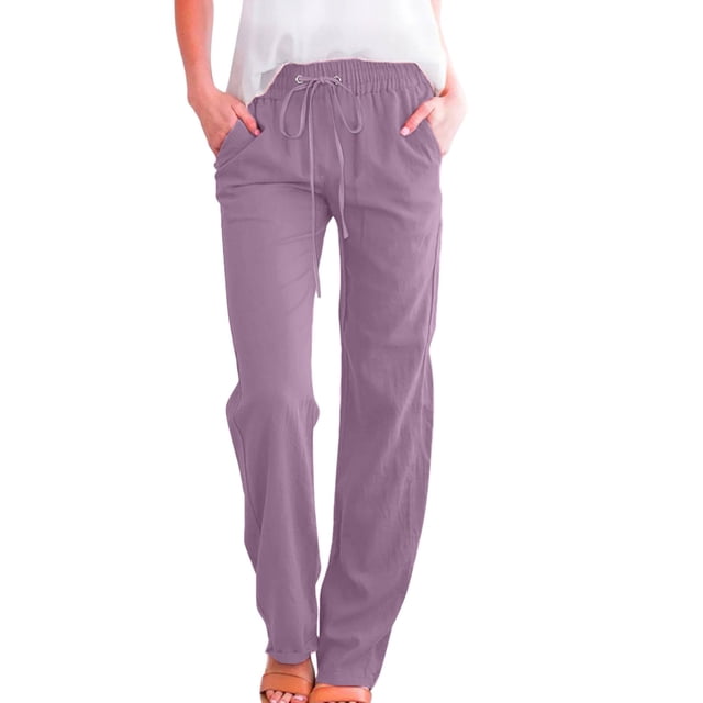 2025 Women High Waisted Wide Plus Size Pants for Women Work Casual High Waist Leg Pants Casual Drawstring Elastic Trousers Comfy Straight Linen Pants for Women Casual Leg Long Pants with