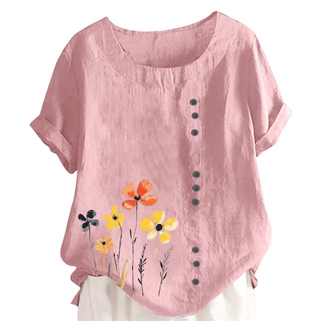 Pisexur Hauts d'Été pour Femmes, Hauts pour Femmes, Hauts de Sortie pour Femmes, Hauts pour Dames, T-Shirt à Boutons Imprimé Mode Décontractée Col Rond d'Été pour Femmes Rose,m
