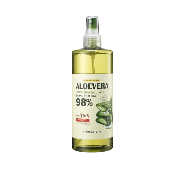 Aloevera 98% Soothing Gel Mist 500ml in a transparent green spray bottle with clear cap, labeled with aloe vera slices and bilingual text, providing hydrating and soothing moisture for sensitive skin, ideal as a face and body mist.