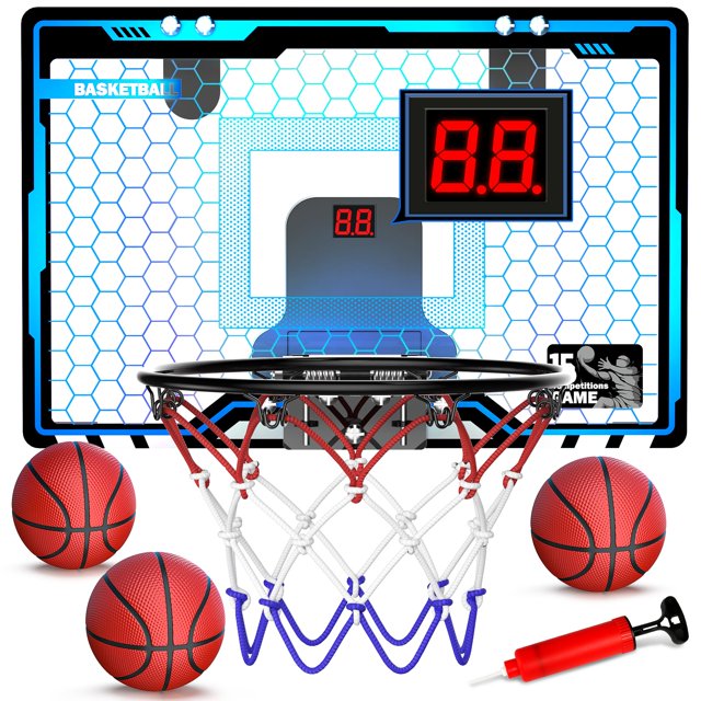 HopeRock Indoor Mini Basketball Hoop for Kids, Basketball Hoops Over The Door with LED Lighting, Mini Hoop with Scoreboard & 3 Ba