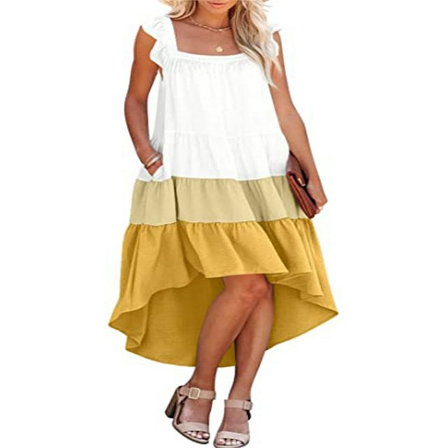 Women Summer Ruffled Sleeve Dress Contrast Color/Solid Color Square Neck Irregular Hem Dress for Beach Date