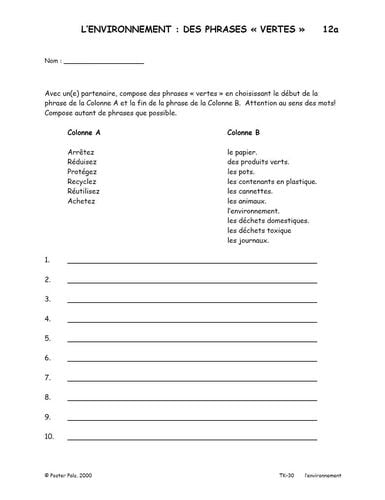 Activités reproductibles en français pour la classe de FLS sur l’environnement