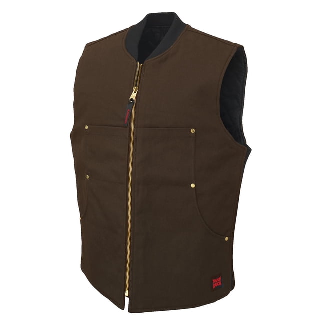 Veste de Moto en Coton Brun 100 % 12 oz en Tissu duck avec Fini Hydrofuge, Doublure en polyester Noire Matelassée, Fermeture Éclair en Laiton et rivets, Col en Tricot Côtelé et Panneaux Latéraux pour Ajustement, Deux Poches Poitrine et Deux Poches avant pour Cuillères, Poches Intérieures et Médias, Fermetures Éclair d'Accès Brodées, et Écusson logo Tough duck sur le devant Côté Inférieur, Convient pour la Conduite de Moto Ou le Travail Extérieur.
