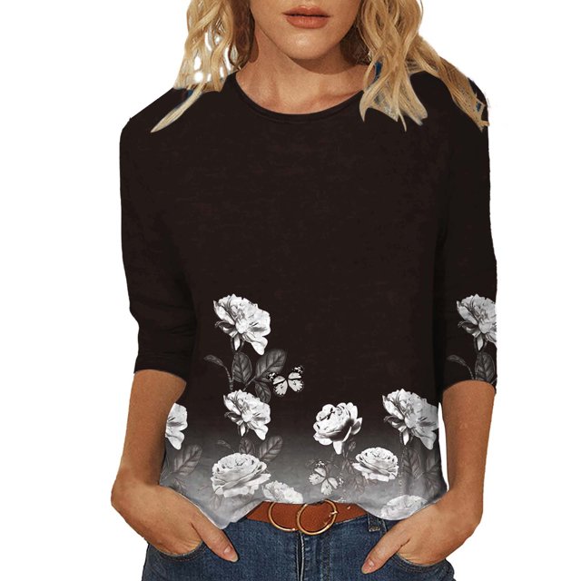 Pompotops Mode Femme T-shirt Imprimé Mi-Longueur Manches 3/4 Blouse Col Rond Hauts Décontractés Liquidation