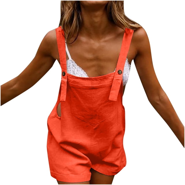 Salopettes d'Été Décontractées pour Femmes à Bretelles Ajustables en Coton et Lin, Combishorts Courts Unis, Combinaisons/rompers avec Poches
