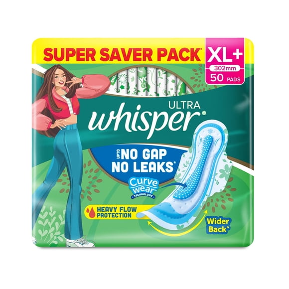 WHISPER ULTRA HYGIENE+COMFORT SANITARY PADS, 50 XL+ PADS, FOR HEAVY FLOW, LONG LASTING PROTECTION, LOCKS ODOUR & WETNESS, DRY TOP SHEET, DISPOSABLE WRAPPER Brand: WHISPER