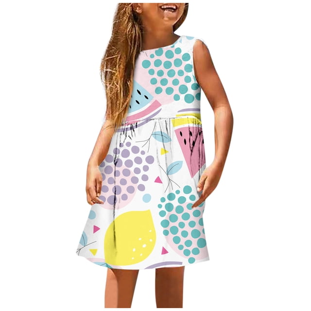 PMVFHDE Robe d'Été Fleurie pour Filles / Col Rond Sans Manches Robe Décontractée / Tenue Légère de Plage et de Vacances pour Tout-Petits à Préados Vert,11-12