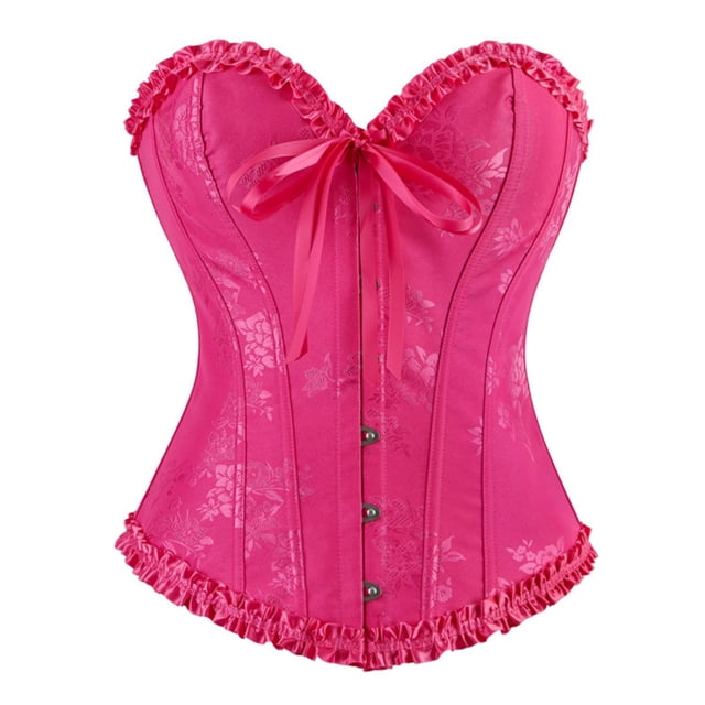 Ruffle Corset Hauts Femmes Floral Gaine de Taille Bustier à Armatures Shapewear Overbust Fête Rehausseur Corsets pour Robe Rose Vif, TP