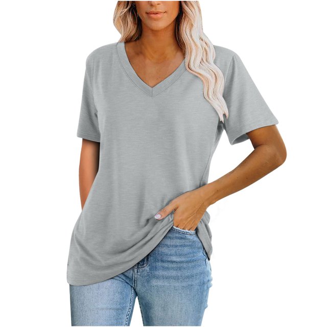 SMihono Hauts pour Femmes Été Chic Décontracté Mode T-Shirt d'Été pour Femmes Col en V Uni Manches Courtes Haut Décontracté Blouse T-Shirt Oversize pour Femmes