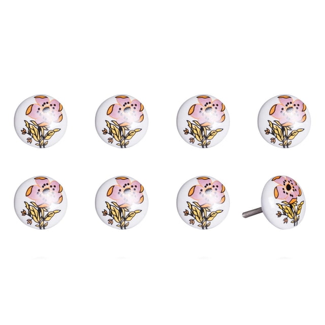KNOB-IT VINTAGE HANDPAINTED CERAMIC KNOBS (8 Pack) K000001 showing eight white ceramic knobs with handpainted vintage floral designs in pink, yellow, and black. Each 1.5-inch diameter knob includes a 1.25-inch bolt that can be trimmed. Suitable for cabinets, drawers, and cupboards, these decorative knobs install easily with included nuts and add a whimsical touch to furniture.