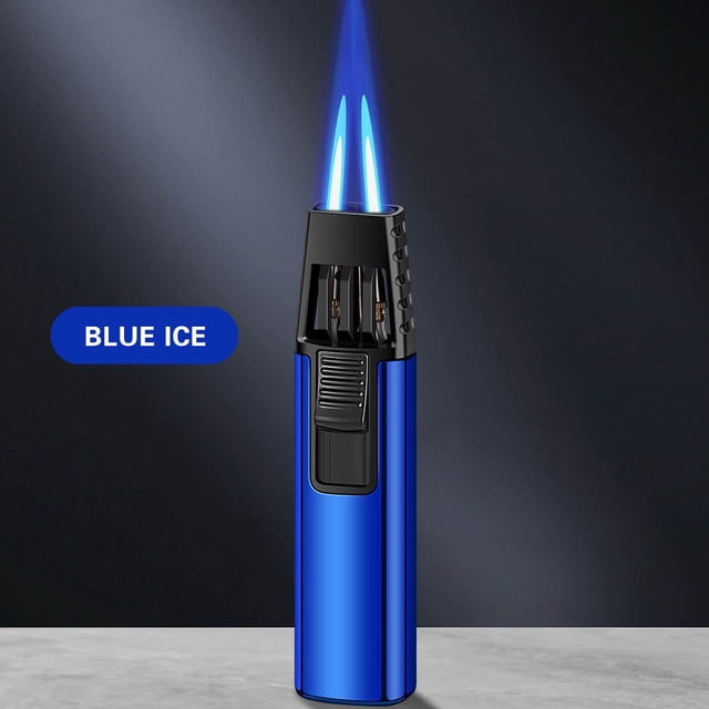 EARKITY Torcher Lighter, a portable jet torch lighter with a blue metallic finish, featuring a dual blue flame design. The lighter includes a visible fuel window, adjustable flame control, and a windproof turbine nozzle. Ideal for lighting candles, BBQs, and outdoor cooking. Compact and durable, made with an alloy body and ceramic heat insulation for safety.