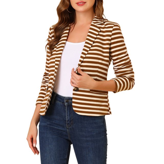 INSPIRE CHIC Blazer à Rayures pour Femme à Revers Cranté, Manches Longues, Boutonné, S Blanc Brun