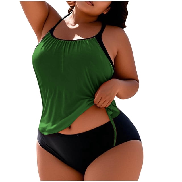 FAVIPT 2 Piece Tummy Control Swimwear Womens Ruched Tropical Summer Beach Tankini Comfy Drawstring Bathing Suit Green,XXL
