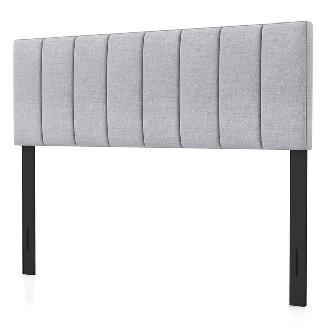 Gymax Linen Upholstered Headboard with vertical channel tufted design, solid rubber wood legs, and adjustable width for full and queen-size bed frames. Gray headboard features breathable linen fabric, sponge padding, and modern aesthetic for bedroom furniture.