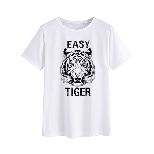 T-Shirt à Manches Courtes Imprimé Graphique Tigre Lettre Facile pour Femmes