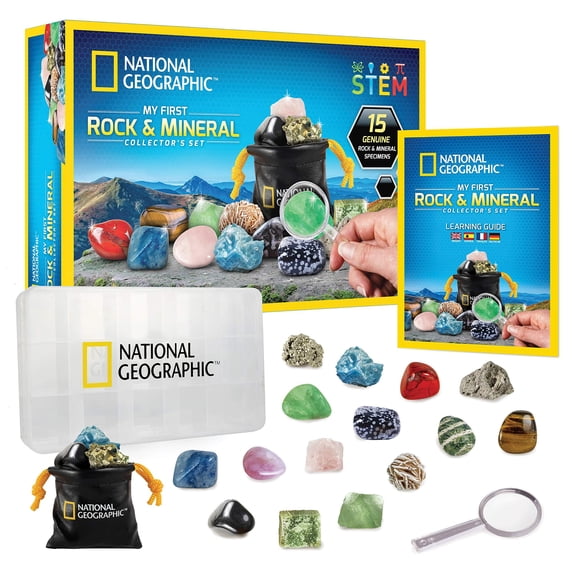 NATIONAL GEOGRAPHIC Collection de Roches et de Minéraux - Boîte de Collection de Roches pour Enfants, 15 Roches et Minéraux, Rose du Désert, Agate, Quartz Rose, Jaspe, Oeil de Tigre, Excellent Kit Scientifique STIM pour Bo