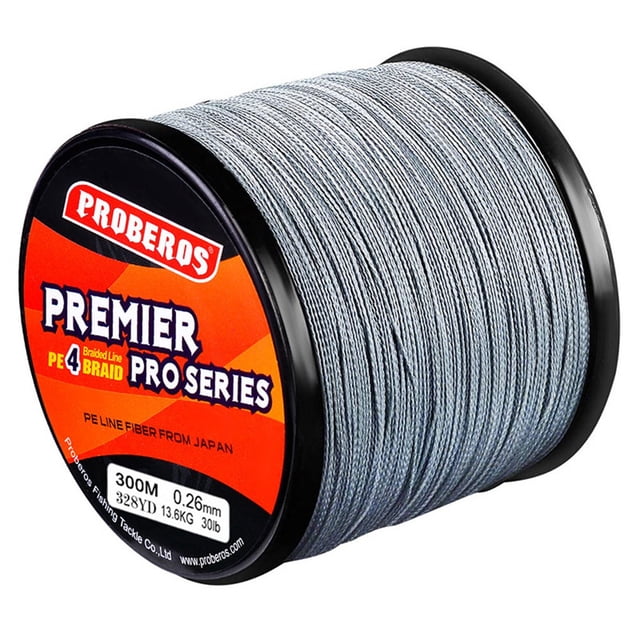 30Lb Braid Fishing Line Super Strong Abrasion PE Braid Fishing Line with 4 strands, 300M spool in grey color. Designed for durability with great abrasion resistance, long-lasting coating, and smooth plait for improved casting. Ideal for saltwater, surf fishing, ice fishing, and bow fishing. Made from PE material.